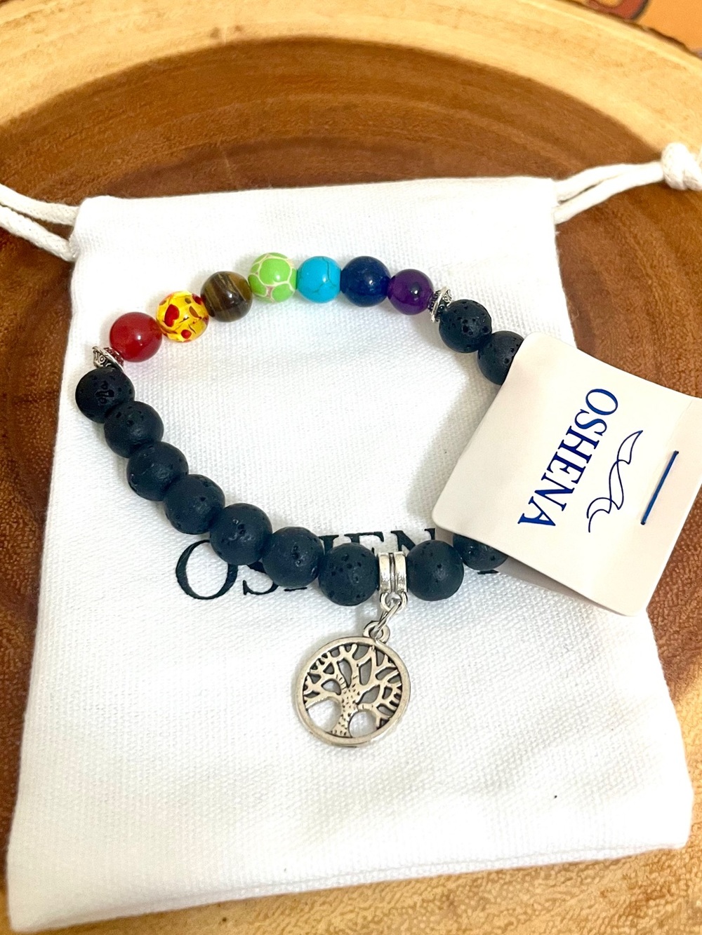 Oshena Lava Rock Multicolor Chakra Natural Stone Tree of Life Stretch Bracelet